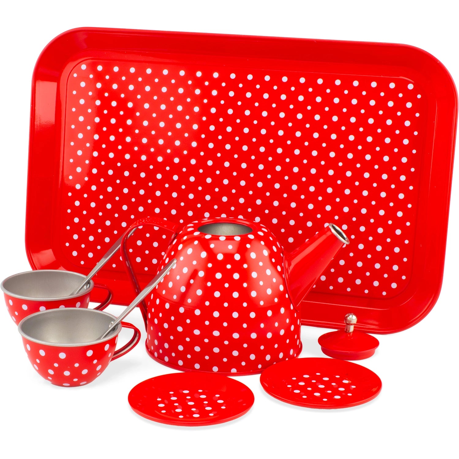 Rotes Teeservice mit weißen Punkten, 9-teiliges Set